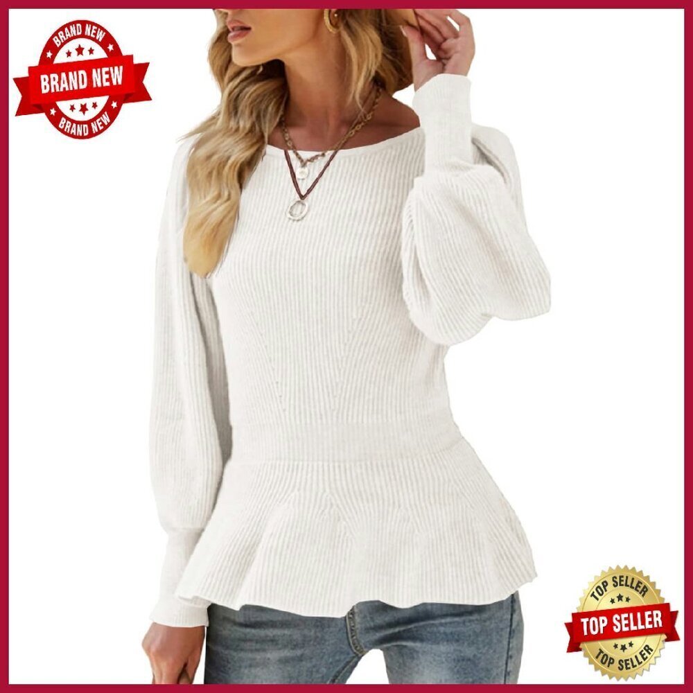 Puff Sleeve Peplum Pullover Sweater - Slim Fit Knit Top
